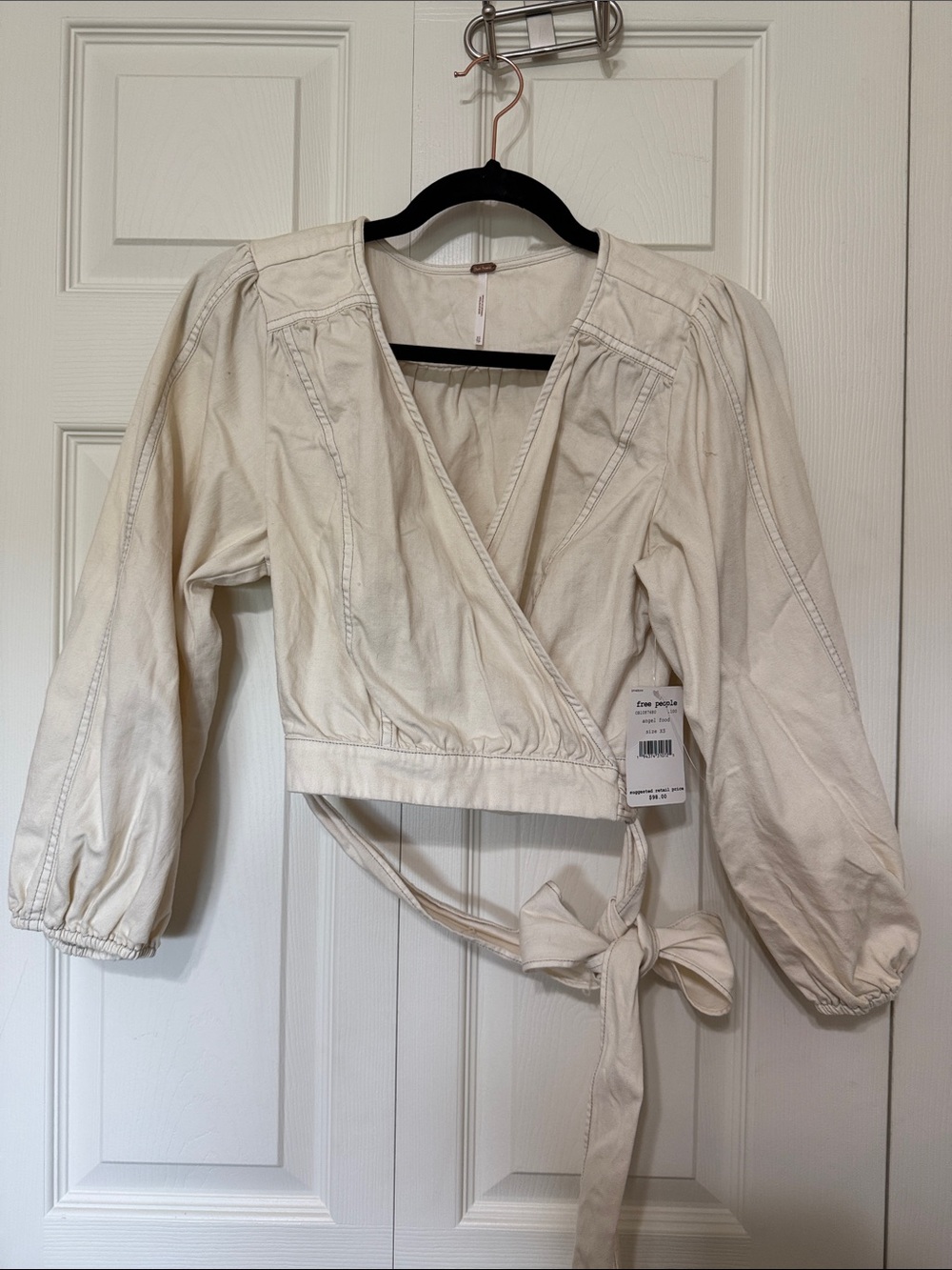 Free People Cream Wrap Blouse with Tie Waist